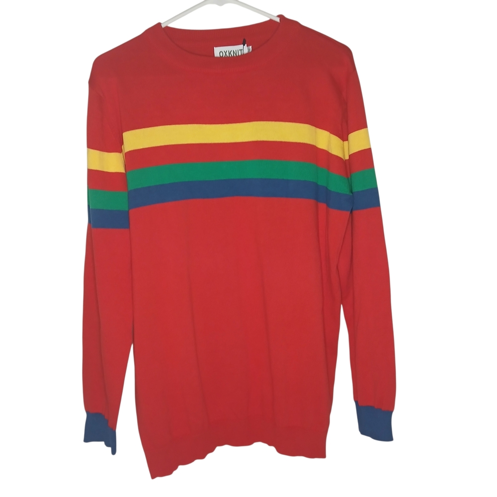 Oxxn Red Multicolor Striped Crewneck Sweater